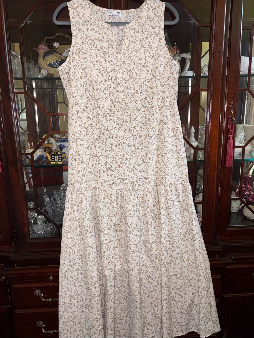 Sleeveless Maxi Dress in Cream with Brown Floral - Solution